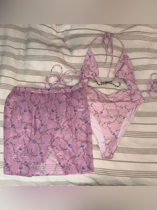 Frankie's Bikinis Other - Frankie's Bikinis Pink Floral Halter Bikini with Sheer Wrap Skirt